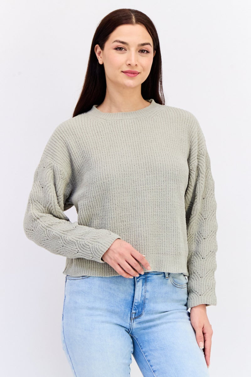 POOF Women Crew Neck Knitted Sweater, Sage Green - Image 1