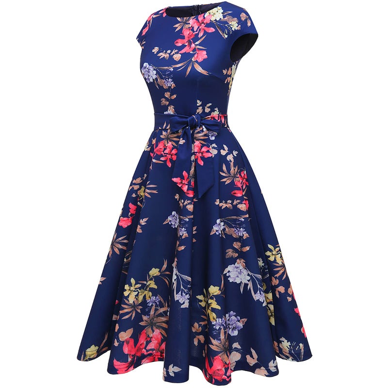 DRESSTELLS Womne's Cocktail Dresses, Formal Wedding Guest Mother Bride Floral Ladies 50s Vintage Tea Party Fit and Flare Evening Dress Navy Flower L - Image 3
