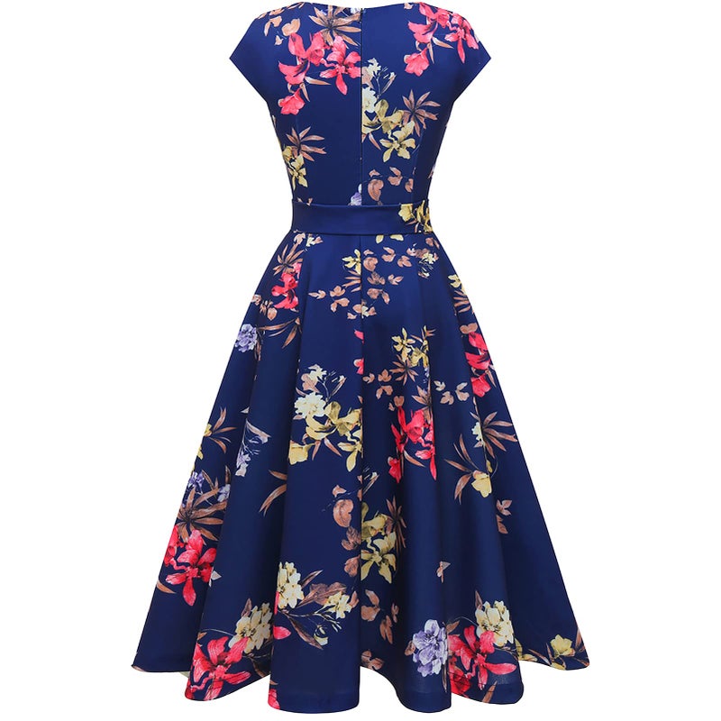 DRESSTELLS Womne's Cocktail Dresses, Formal Wedding Guest Mother Bride Floral Ladies 50s Vintage Tea Party Fit and Flare Evening Dress Navy Flower L - Image 4