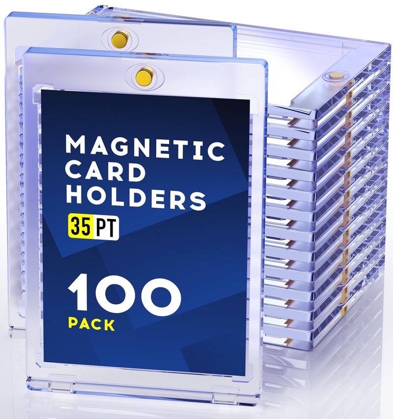 Basthalan 100ct Magnetic Card Holder 35pt One Touch Card Holder UV Protectors Hard Plastic for Trading Cards Magnet Case Sports Game Football Baseball - Image 2