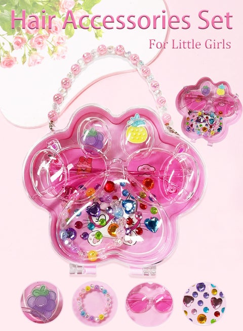 إكسسوارات شعر للأطفال مجموعة أنيقة مع علبة هدايا على شكل كف القط الوردي، تشمل خواتم فواكه كرتونية للأطفال، نظارات وردية، أساور متعددة الألوان، وملصقات مجوهرات. مجموعة إكسسوارات شعر بنات مثالية كـ هدايا رمضان للأطفال للفتيات الصغيرات.