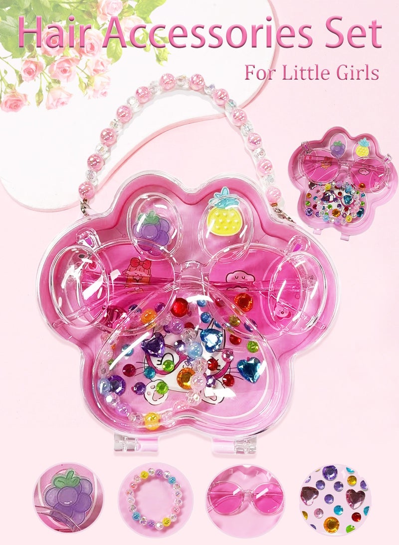 بوليفياز إكسسوارات شعر للأطفال مجموعة أنيقة مع علبة هدايا على شكل كف القط الوردي، تشمل خواتم فواكه كرتونية للأطفال، نظارات وردية، أساور متعددة الألوان، وملصقات مجوهرات. مجموعة إكسسوارات شعر بنات مثالية كـ هدايا رمضان للأطفال للفتيات الصغيرات. - Image 1
