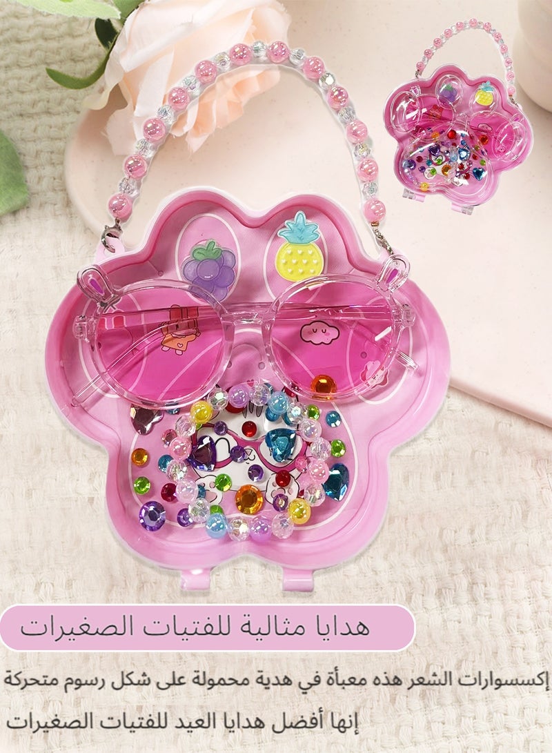 بوليفياز إكسسوارات شعر للأطفال مجموعة أنيقة مع علبة هدايا على شكل كف القط الوردي، تشمل خواتم فواكه كرتونية للأطفال، نظارات وردية، أساور متعددة الألوان، وملصقات مجوهرات. مجموعة إكسسوارات شعر بنات مثالية كـ هدايا رمضان للأطفال للفتيات الصغيرات. - Image 4
