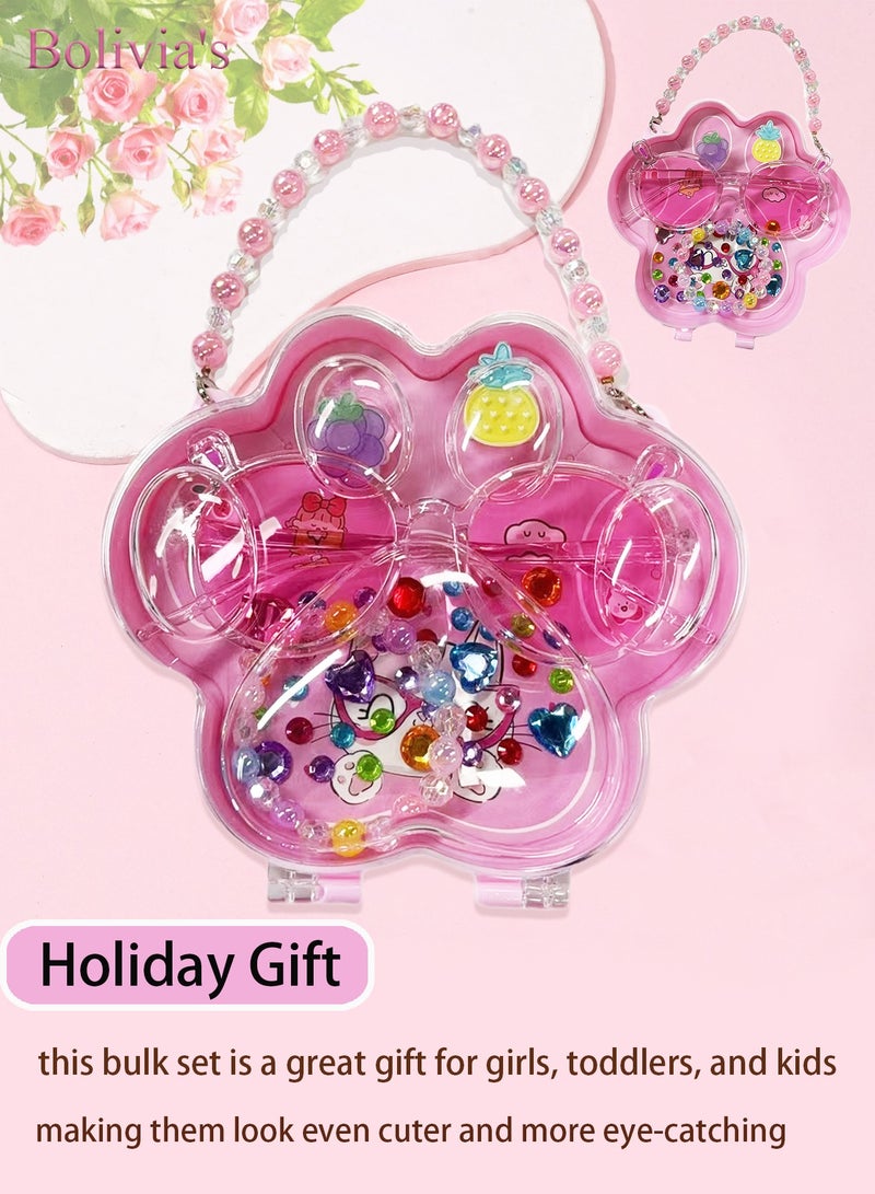 بوليفياز إكسسوارات شعر للأطفال مجموعة أنيقة مع علبة هدايا على شكل كف القط الوردي، تشمل خواتم فواكه كرتونية للأطفال، نظارات وردية، أساور متعددة الألوان، وملصقات مجوهرات. مجموعة إكسسوارات شعر بنات مثالية كـ هدايا رمضان للأطفال للفتيات الصغيرات. - Image 3