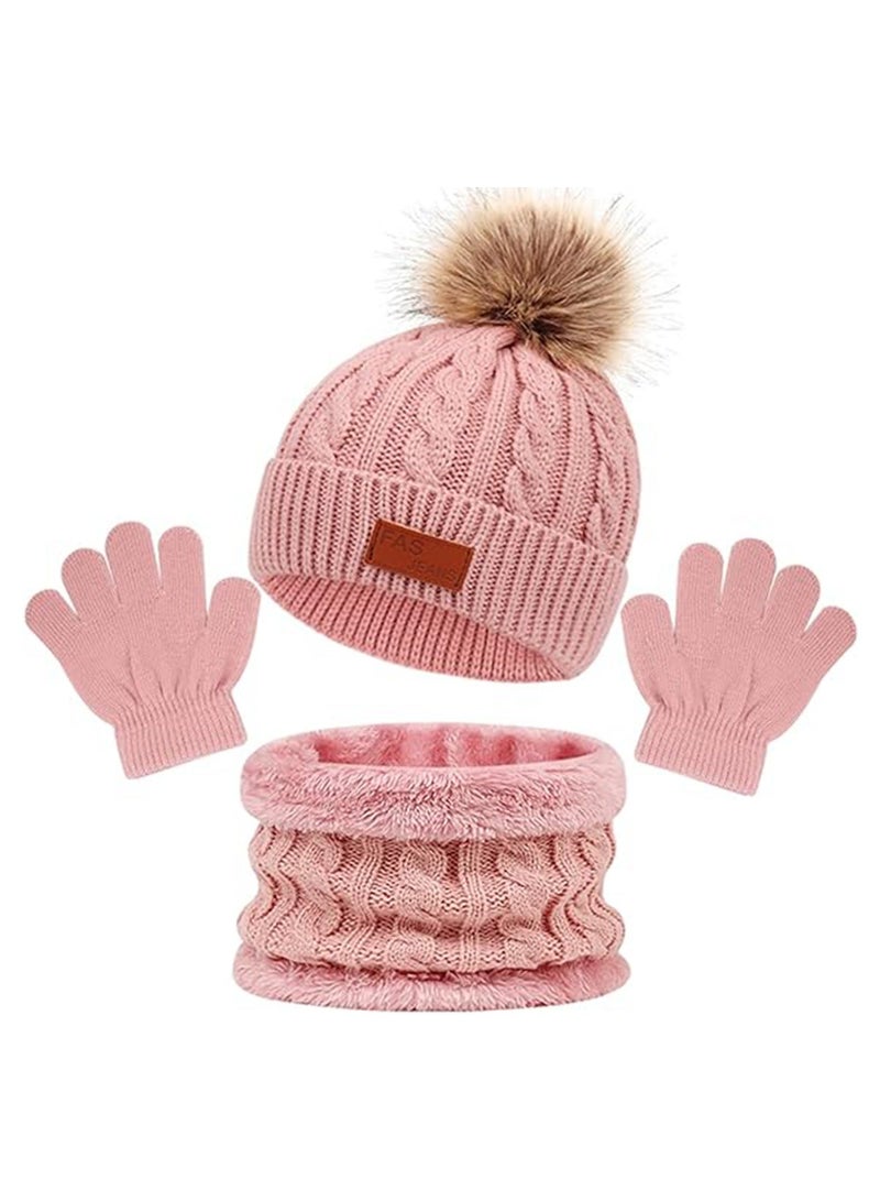Y&D Kids Winter Beanie Hat Scarf Gloves Set for 2-6 Years Old, Toddler Knit Neck Warmer with Fleece Lined, Tender Pink - Image 1