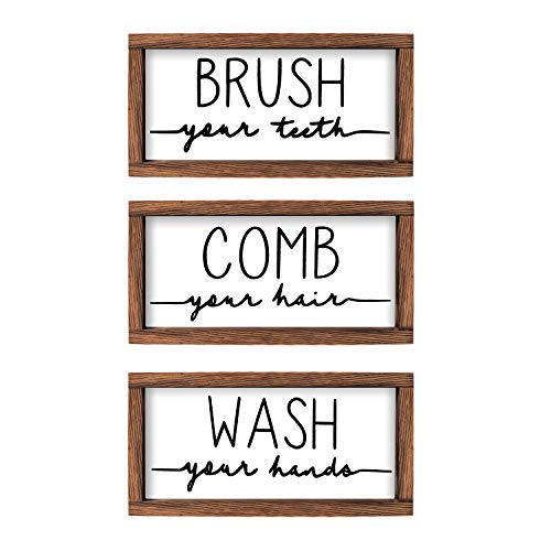 LIBWYS Bathroom Sign & Plaque (Set of 3) Wash Your Hands Brush Your Teeth Comb Your Hair Decorative Rustic Wood Farmhouse Bathroom Wall Decor (White) - Image 1