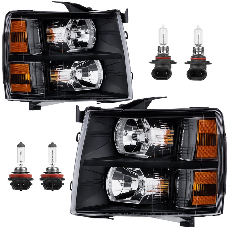 KUIPERAUTO Headlight Assembly Compatible with 2007-2013 Chevy Chevrolet Silverado 1500 2500HD 3500HD Front Lamp with Bulb Black Housing/Clear Lens/Amber Corner - Image 1