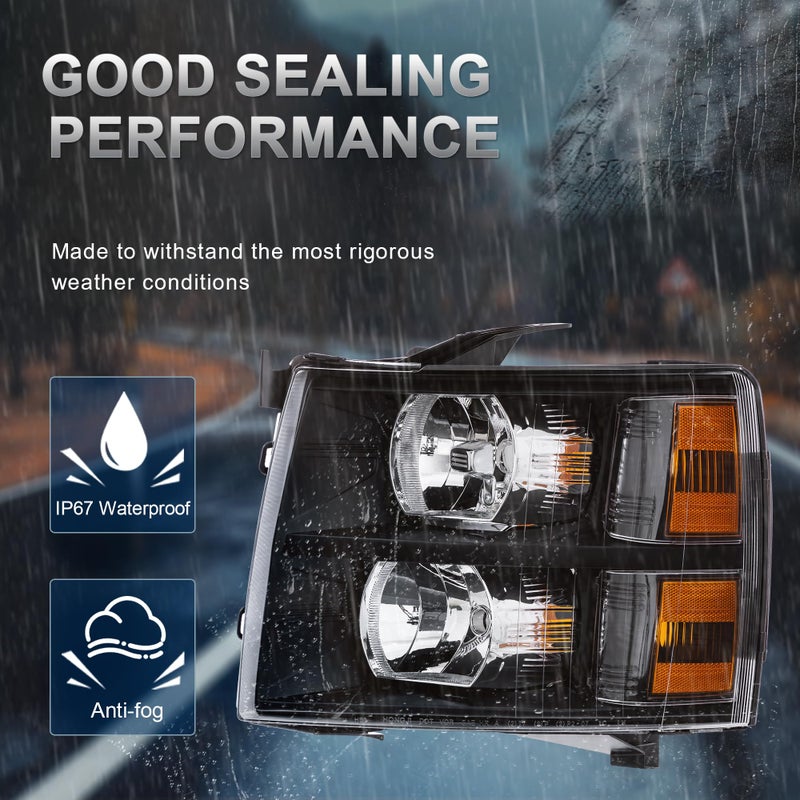 KUIPERAUTO Headlight Assembly Compatible with 2007-2013 Chevy Chevrolet Silverado 1500 2500HD 3500HD Front Lamp with Bulb Black Housing/Clear Lens/Amber Corner - Image 2