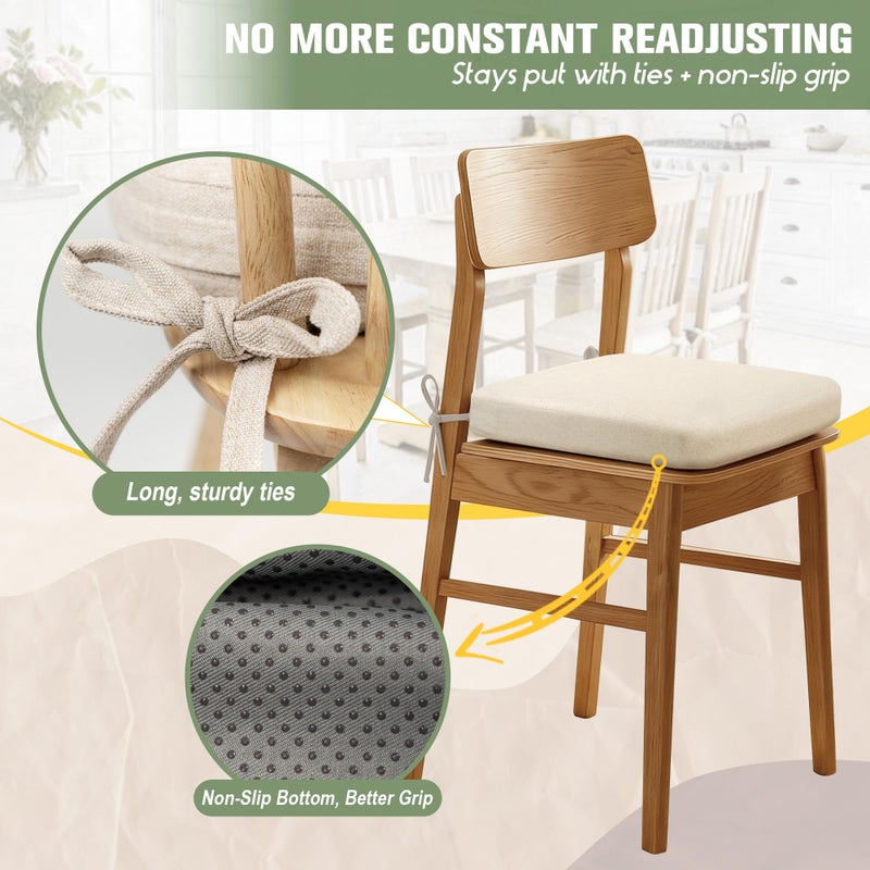 kingphenix Dining Chair Cushions Set of 4, 2.5 inch Thick Kitchen Chair Pads with Ties, Non Slip Bottom, Removable Washable Cover, 17â€ x 16â€, Beige - Image 3