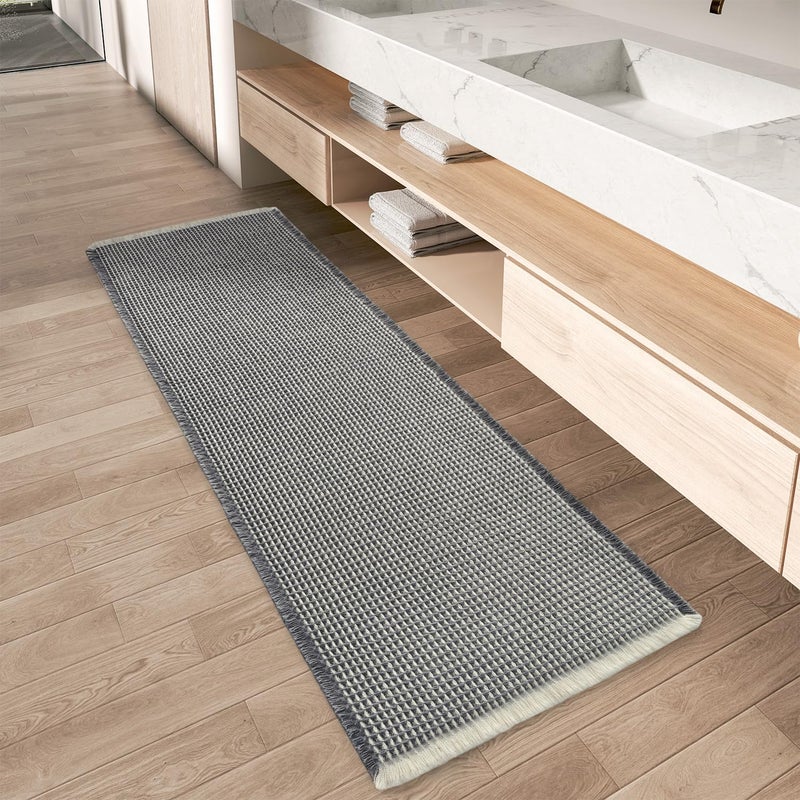AMOAMI Upgraded Waffle Runner Rug Super Absorbent Non Slip Bath Mats for Bathroom Machine Washable Bathroom Runner Rug with Tassels, Ideal for Hallway Bedroom Laundry Room, 2' x 6', Darkgrey & Cream - Image 1