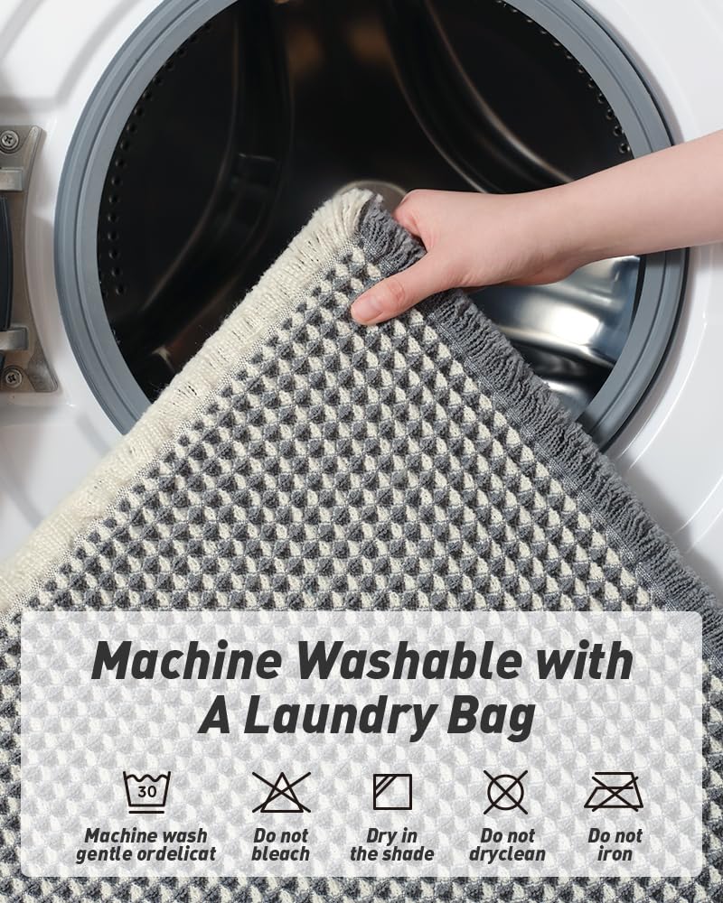 AMOAMI Upgraded Waffle Runner Rug Super Absorbent Non Slip Bath Mats for Bathroom Machine Washable Bathroom Runner Rug with Tassels, Ideal for Hallway Bedroom Laundry Room, 2' x 6', Darkgrey & Cream - Image 5