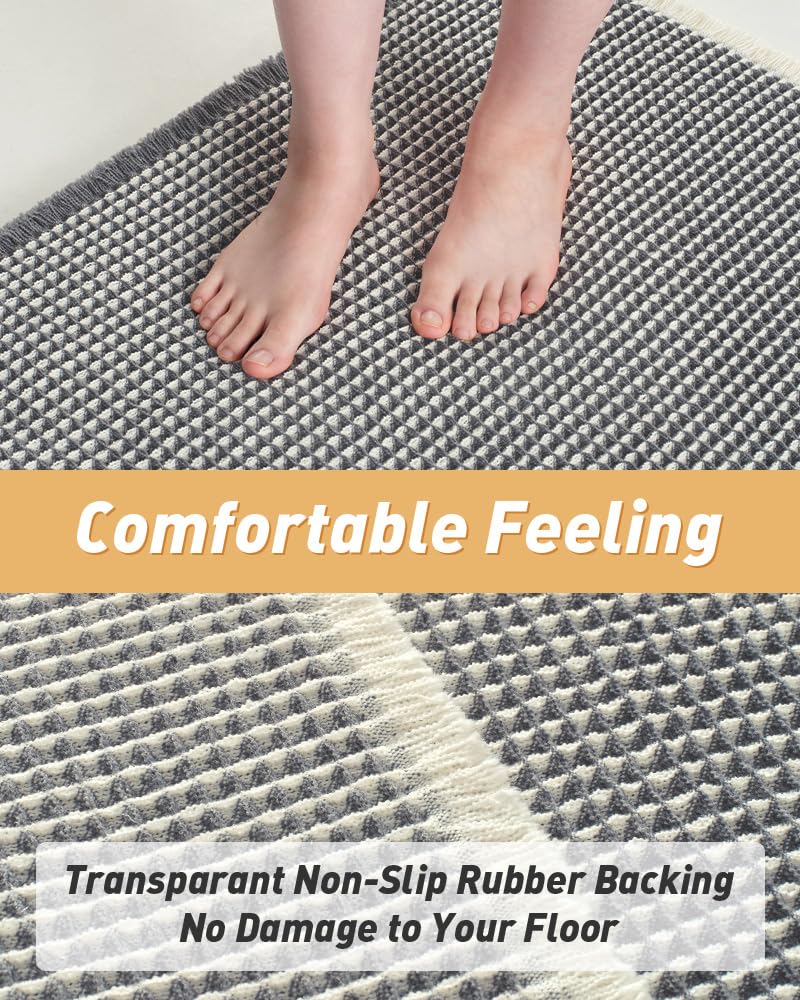 AMOAMI Upgraded Waffle Runner Rug Super Absorbent Non Slip Bath Mats for Bathroom Machine Washable Bathroom Runner Rug with Tassels, Ideal for Hallway Bedroom Laundry Room, 2' x 6', Darkgrey & Cream - Image 3