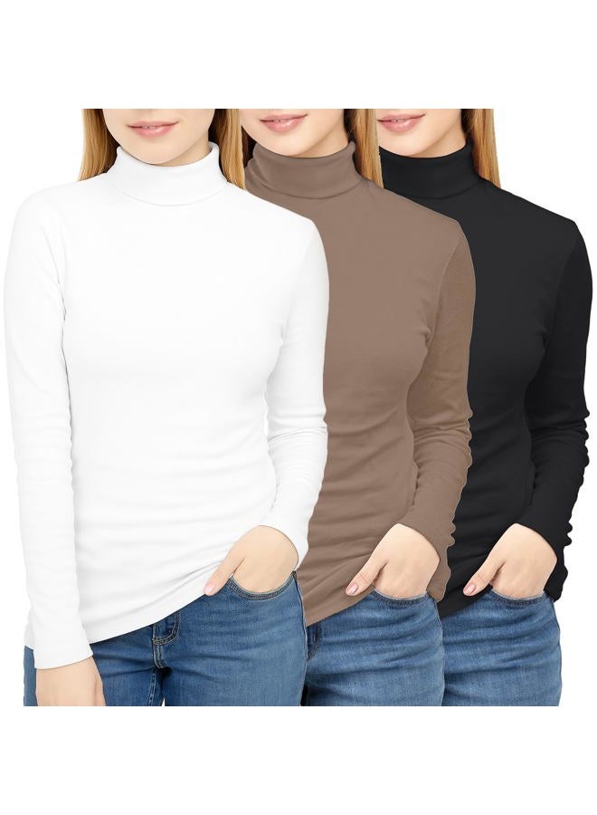 NY Threads Women's Long Sleeve Turtleneck Thermal Tops 3 Pack, Black-white-coffee, L (Pack of 3) - Image 1