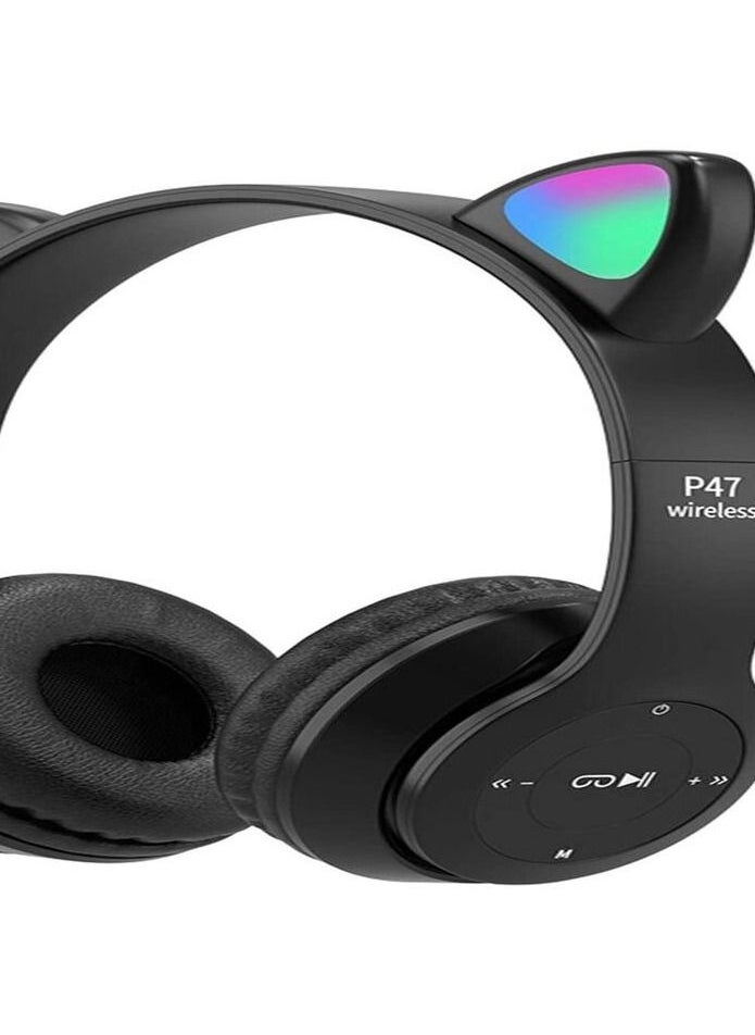 P47 Wireless Gaming Headset, LED Light Up Cat Ear Shaped Headphones, Cartoon Luminous Head-mounted Stereo Bluetooth Headset, for Kids Adult(Black)  - Image 1