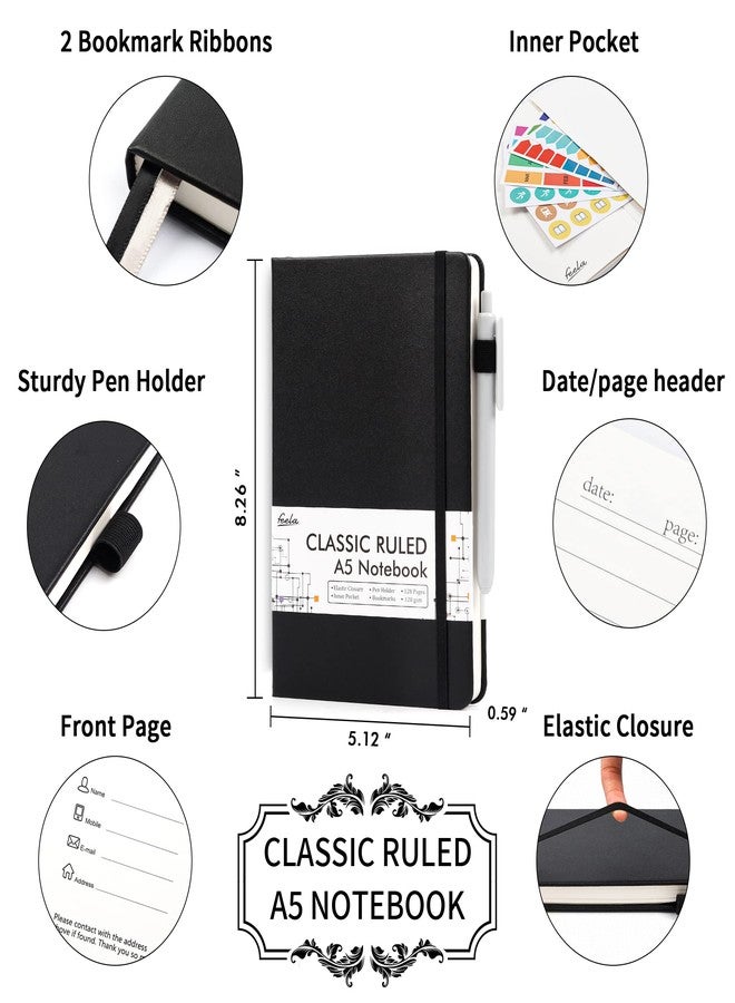 feela Journal Notebook Bulk for School, Hardcover Business Classic Ruled Lined Journals with Pen Holder for Work Office Journaling, with 5 Black Pens, 120 GSM, 5.1”x8.3”, 5 Pack, A5, Solid Colors - Image 2