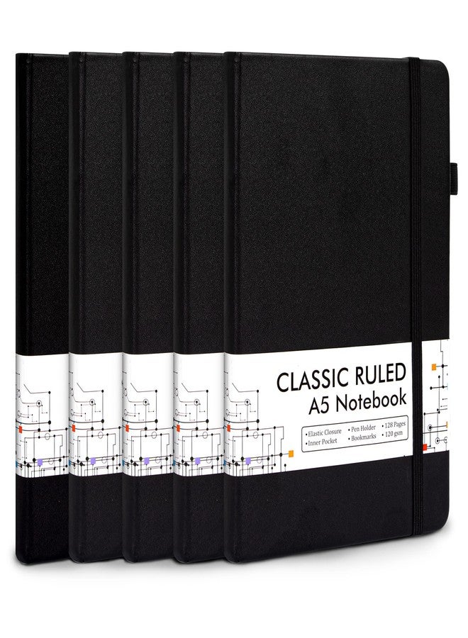 feela Journal Notebook Bulk for School, Hardcover Business Classic Ruled Lined Journals with Pen Holder for Work Office Journaling, with 5 Black Pens, 120 GSM, 5.1”x8.3”, 5 Pack, A5, Solid Colors - Image 1