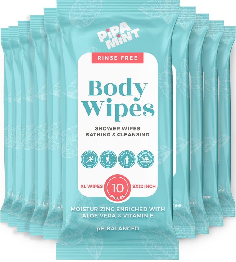 PIPA MINT Body Wipes XL Shower Wipes Body Wipe for Adults Bathing, Traveling, Camping, Gym, Car, Elderly, Bedridden - Bath Wipe - Disposable Washcloths for Adults No Rinse - Image 1