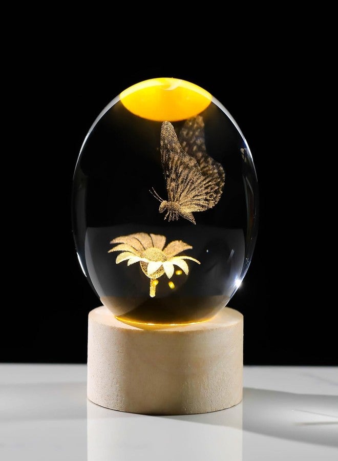 Luxula Small Sunflower with Butterfly 3D Crystal Ball Night lamp LED Decoration Room Table Decoration Light with Wooden Stand and USB Cable for Birthday Gift (1 PC) - Image 1