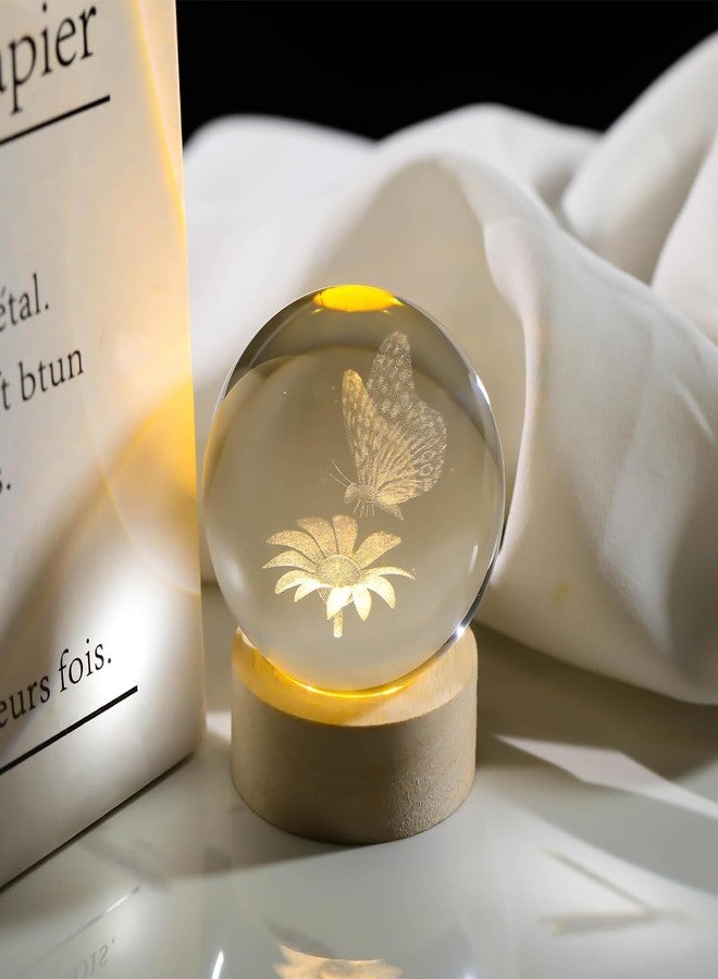 Luxula Small Sunflower with Butterfly 3D Crystal Ball Night lamp LED Decoration Room Table Decoration Light with Wooden Stand and USB Cable for Birthday Gift (1 PC) - Image 4