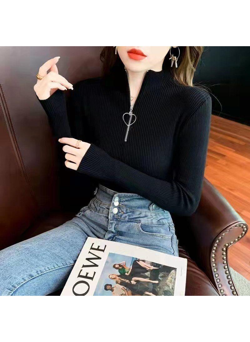 Generic - Fashionable Autumn Collection Womens Slimming Long Sleeve Zip-up Top High Collar Polo/turtle Neck Base Layer T-shirt Black (love zipper) - Image 1