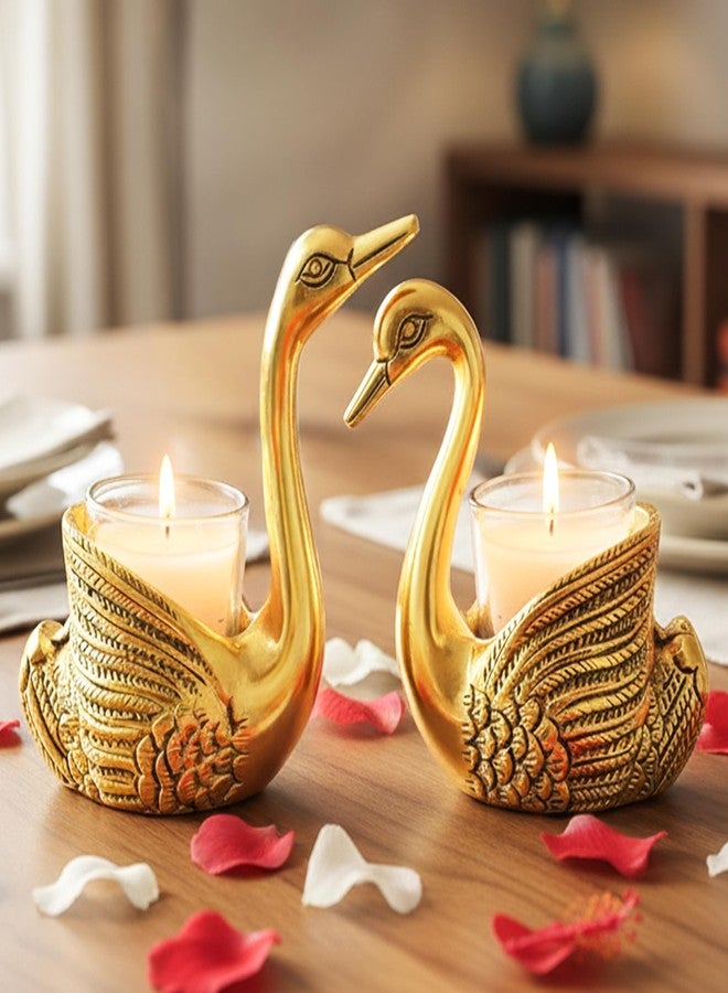 HindCraft Pair of Swan Candle Holder Showpiece - Golden Swans for Good Luck & Love | Decorative Candle Stand for Home Decor, Tabletop & Living Room | Wedding, Anniversary - Image 1