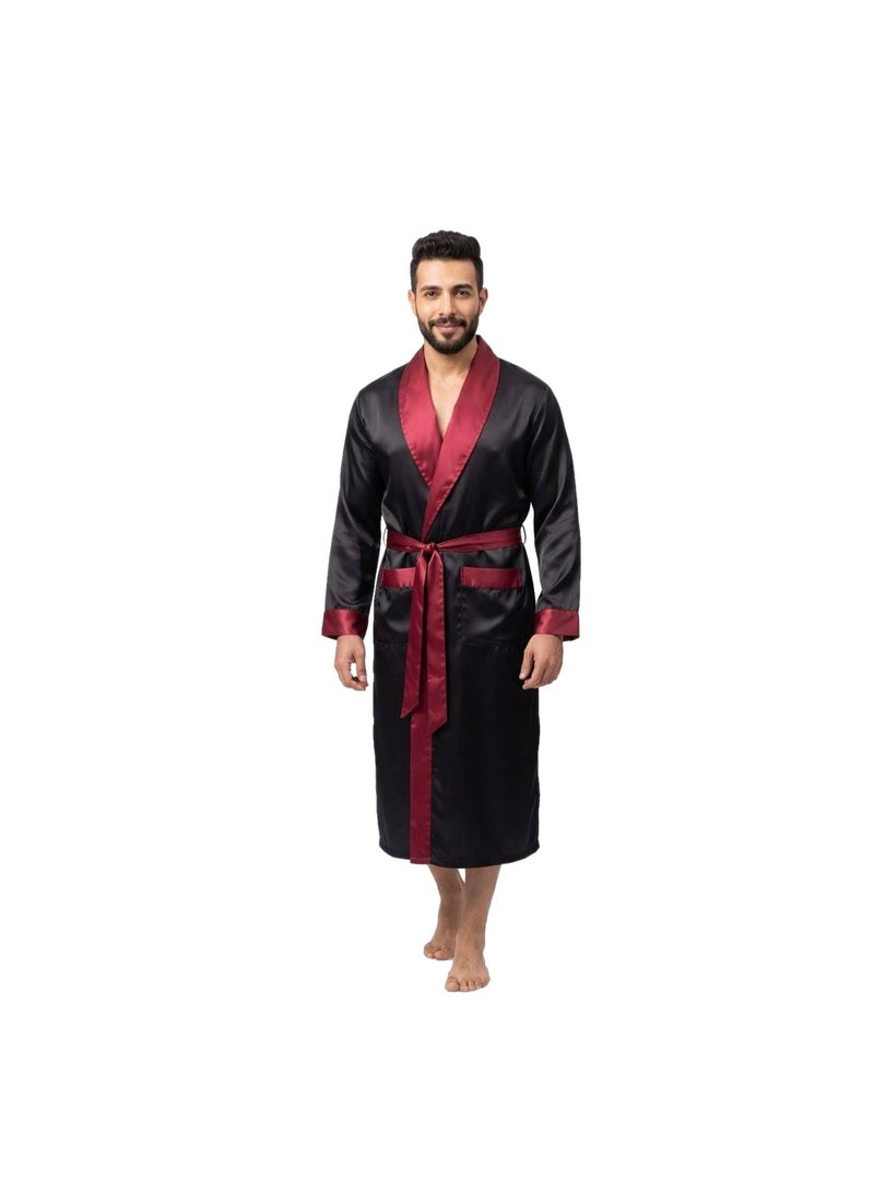 Men's Satin Long Robe with Shawl Collar, Belt and Pockets - Black with Burgundy Trim