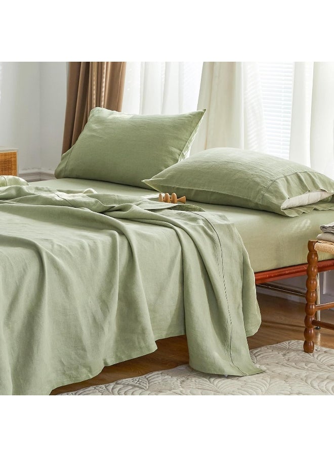 Simple&Opulence Simple&Opulence 100% French Linen Sheet Set Breathable and Durable Bed Sheets 4 Pcs Set - 1 Flat Sheet 1 Fitted Sheet 2 Pillowcases-with Hemstitch Lace and Embroidery Luxury Design (Sage Green, Full)  - Image 1