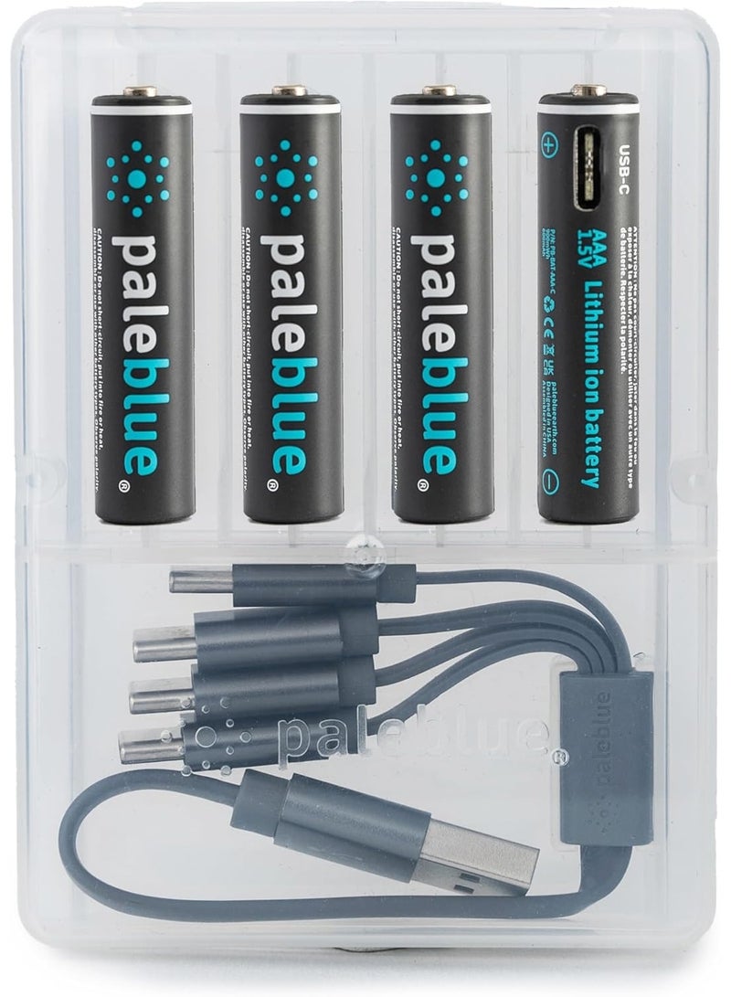 paleblue AAA Rechargeable Li-Ion Batteries (4-Pack) with USB-A to USB-C Cable; 1.5V, 900mWh/600mAh, 1000+ Cycles, Fast Charging Under 1 Hour, Lithium Batteries for Smart Devices, Toys & Remotes, No External Charger Needed - Image 1