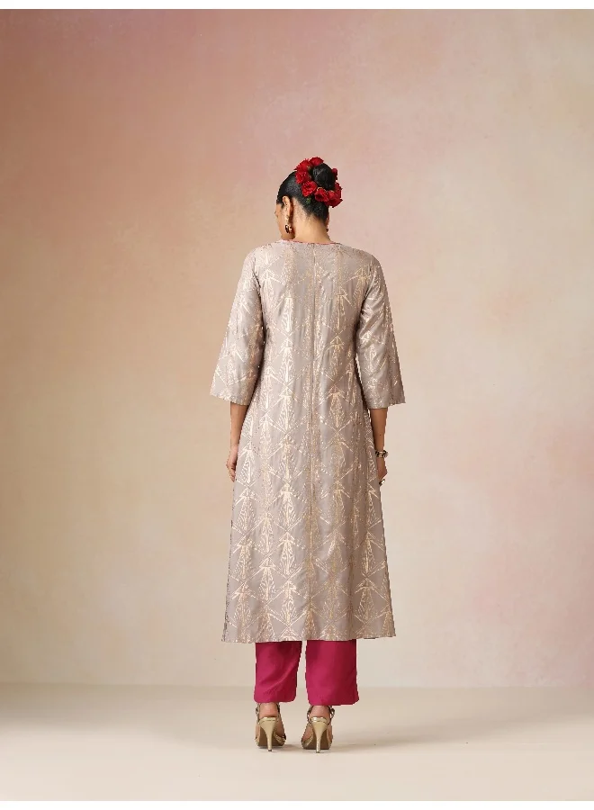 trueBrowns trueBrowns Grey Rose-Gold Foil Print Angrakha Kurta Set