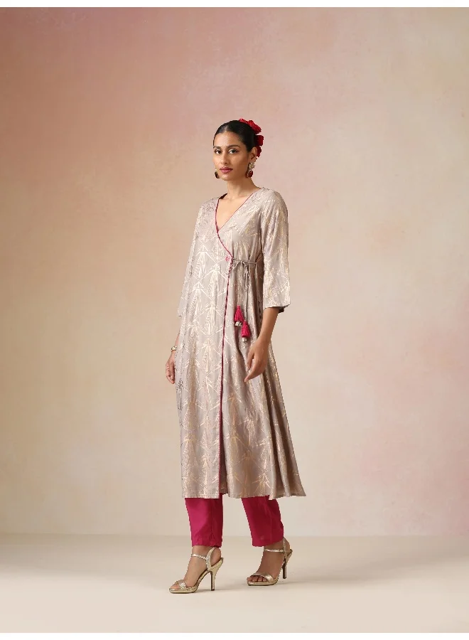 trueBrowns trueBrowns Grey Rose-Gold Foil Print Angrakha Kurta Set