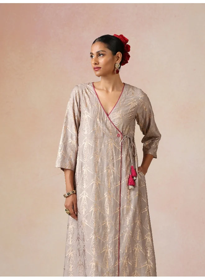 trueBrowns trueBrowns Grey Rose-Gold Foil Print Angrakha Kurta Set
