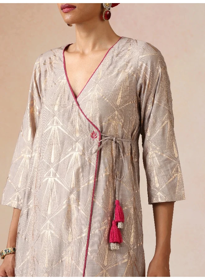 trueBrowns trueBrowns Grey Rose-Gold Foil Print Angrakha Kurta Set