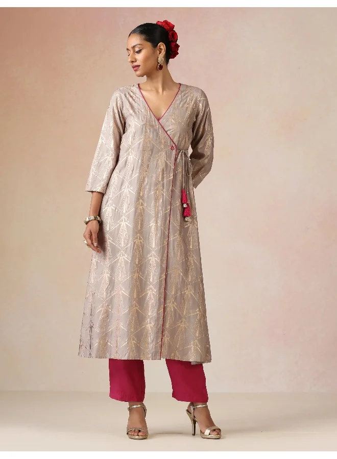 trueBrowns trueBrowns Grey Rose-Gold Foil Print Angrakha Kurta Set