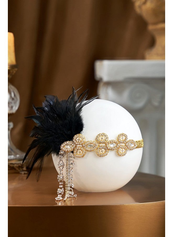 BABEYOND Babaeyond 1920S Headpiece Flapper Headband Feather Crystal Headpiece Flapper Accessories (Gold Black) - Image 2