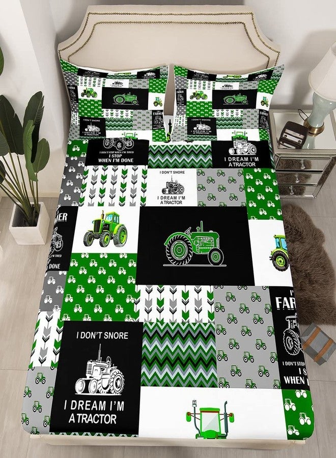 Feelyou Tractor Bed Sheet Set Cartoon Farm Tractor Bedding Sheets for Kids Boys Girls Truck Car Bedding Fitted Sheet Harvester Excavator Bed Cover Green 1 Bed Sheet Set with 1 Pillowcase Twin Size - Image 1