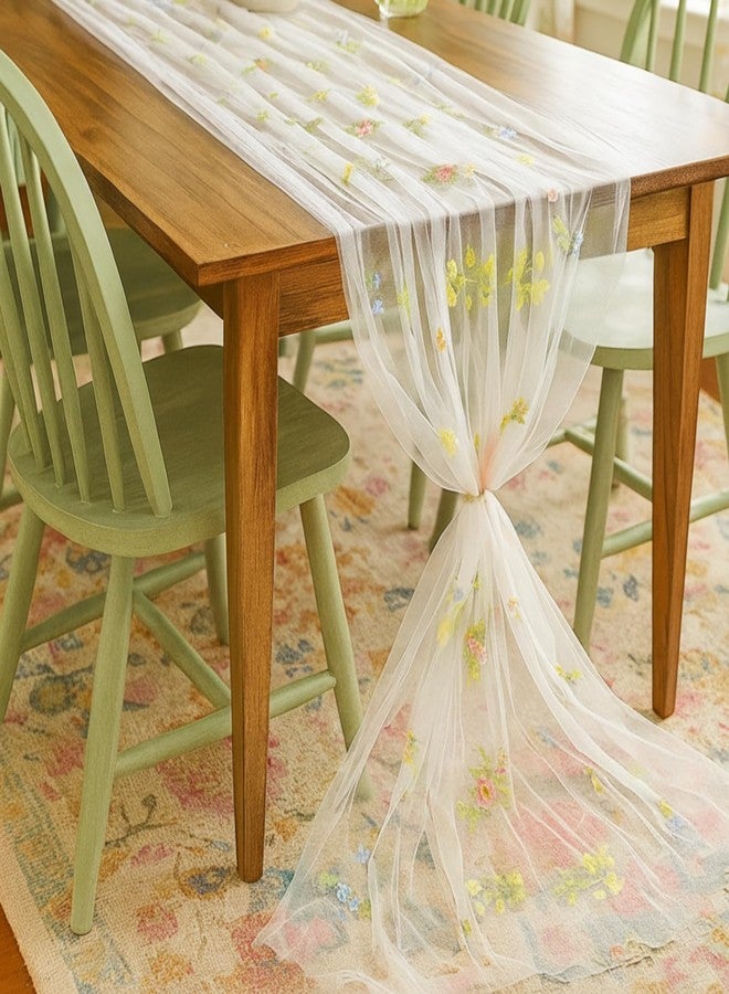 Lounsweer 3 Pcs Wildflower Table Runner 10ft/ 29 Inch x 120 Inch White Embroidery Wildflower Spring Summer Table Runner Tulle Lace Tablecloth for Wedding Bridal Baby Shower Holiday Dining Decor DIY - Image 4