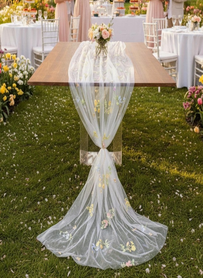 Lounsweer 3 Pcs Wildflower Table Runner 10ft/ 29 Inch x 120 Inch White Embroidery Wildflower Spring Summer Table Runner Tulle Lace Tablecloth for Wedding Bridal Baby Shower Holiday Dining Decor DIY - Image 2