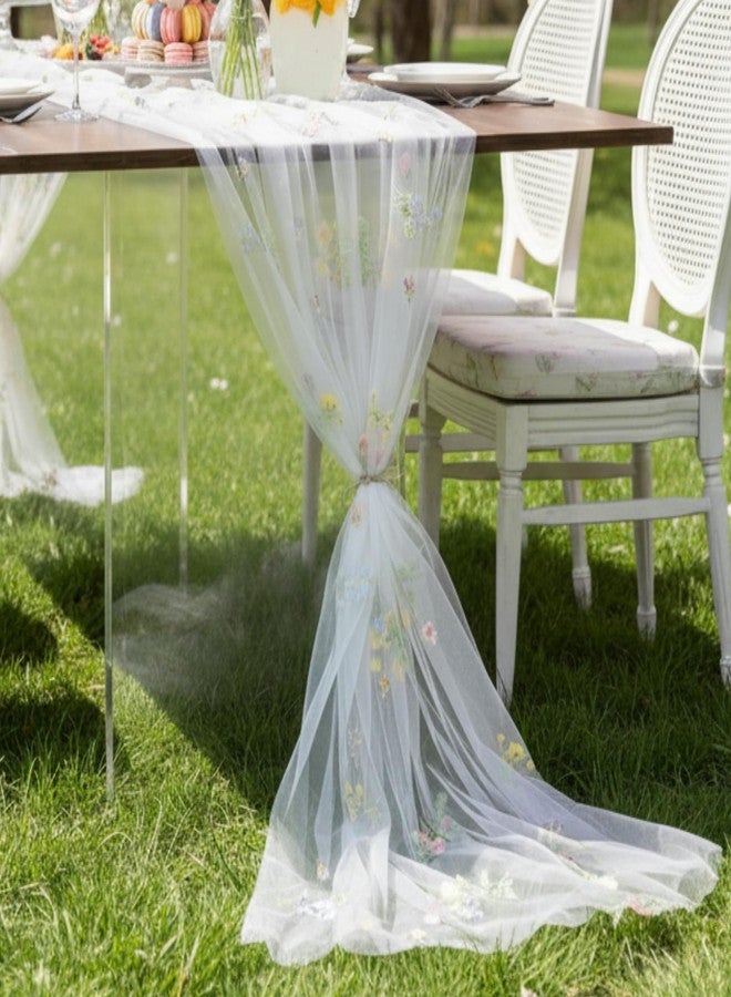 Lounsweer 3 Pcs Wildflower Table Runner 10ft/ 29 Inch x 120 Inch White Embroidery Wildflower Spring Summer Table Runner Tulle Lace Tablecloth for Wedding Bridal Baby Shower Holiday Dining Decor DIY - Image 5