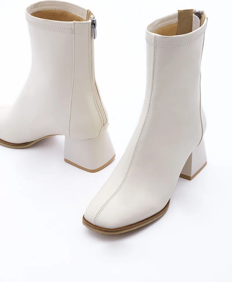 MARJIN Margin Women's Heeled Boots Stretch Blunt Toe Back Zipper Nayis