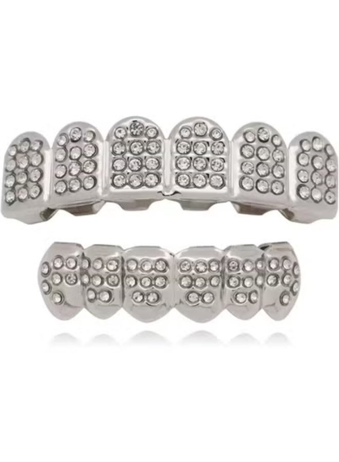Electroplated silver upper and lower teeth Plated silver Grills Teeth Grillz for Men Women Iced Out Hip Hop Poker Diamond Top & Bottom Face Grills for Teeth Rapper Costume (silver) - Image 1