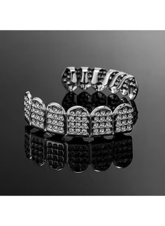 Electroplated silver upper and lower teeth Plated silver Grills Teeth Grillz for Men Women Iced Out Hip Hop Poker Diamond Top & Bottom Face Grills for Teeth Rapper Costume (silver) - Image 3