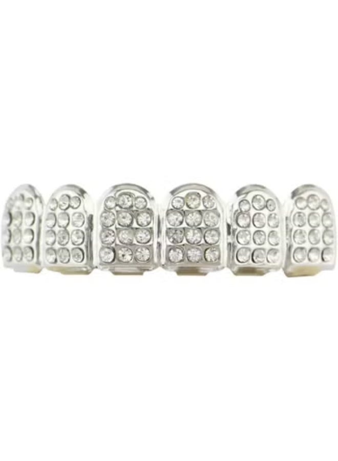 Electroplated silver upper and lower teeth Plated silver Grills Teeth Grillz for Men Women Iced Out Hip Hop Poker Diamond Top & Bottom Face Grills for Teeth Rapper Costume (silver) - Image 4