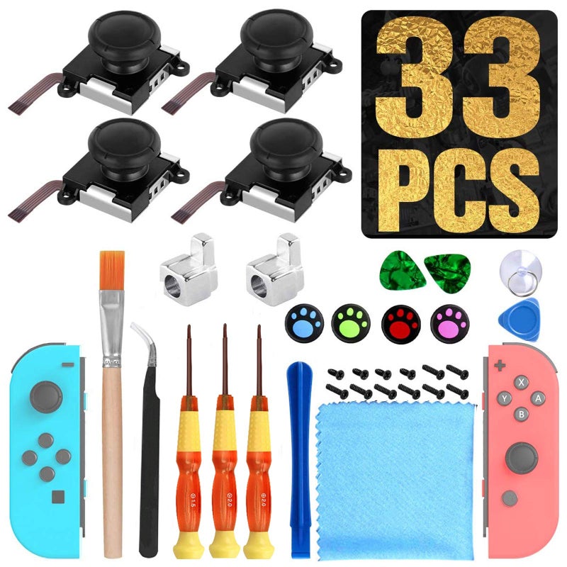 Mypin [New Version] 4 Pack Joycon Joystick Replacement 3D Joystick Analog Left/Right Thumb Sticks Sensor Caps for Nintendo Switch Joy Con Controller, Joycon Repair Kit, NS Repair Tool 33 PCS - Image 1