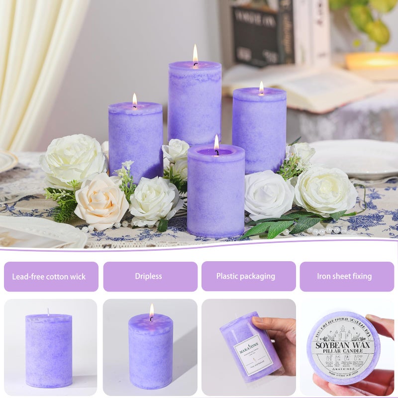MAKALONE 4 Pack Lavender Scented Pillar Candles-2.8x4 in Purple Decorative Candles,60-Hour Long Lasting Burn,Handmade Rustic Pillar Candles for Home Fragrance,Stress Relief, Home Spa & Meditation - Image 5