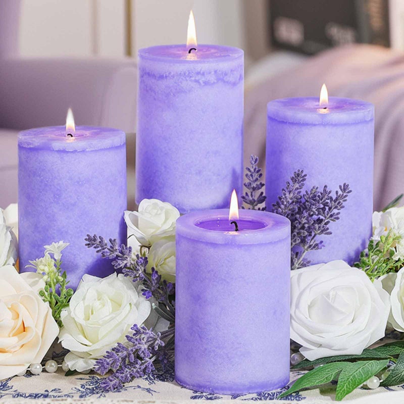 MAKALONE 4 Pack Lavender Scented Pillar Candles-2.8x4 in Purple Decorative Candles,60-Hour Long Lasting Burn,Handmade Rustic Pillar Candles for Home Fragrance,Stress Relief, Home Spa & Meditation - Image 1