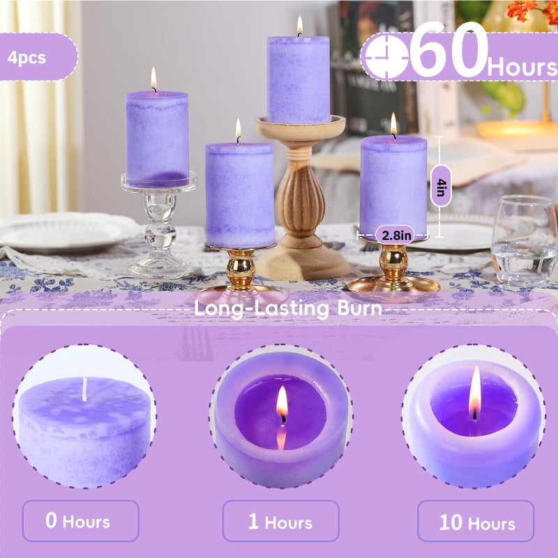 MAKALONE 4 Pack Lavender Scented Pillar Candles-2.8x4 in Purple Decorative Candles,60-Hour Long Lasting Burn,Handmade Rustic Pillar Candles for Home Fragrance,Stress Relief, Home Spa & Meditation - Image 4