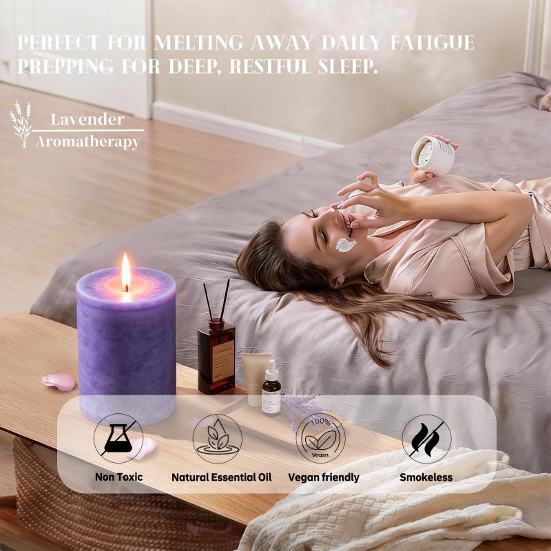 MAKALONE 4 Pack Lavender Scented Pillar Candles-2.8x4 in Purple Decorative Candles,60-Hour Long Lasting Burn,Handmade Rustic Pillar Candles for Home Fragrance,Stress Relief, Home Spa & Meditation - Image 3
