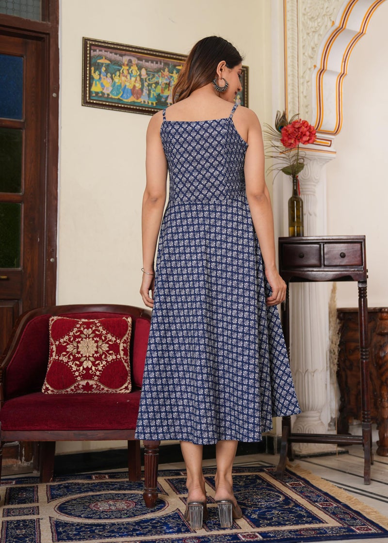 Yash Gallery Women’s Sleeveless Cotton Printed Fit & Flare Midi Dress in Navy Blue | Comfortable Summer Dress with Adjustable Straps, Flared Hem & Soft Breathable Fabric | Casual Outings,Vacations - Image 4
