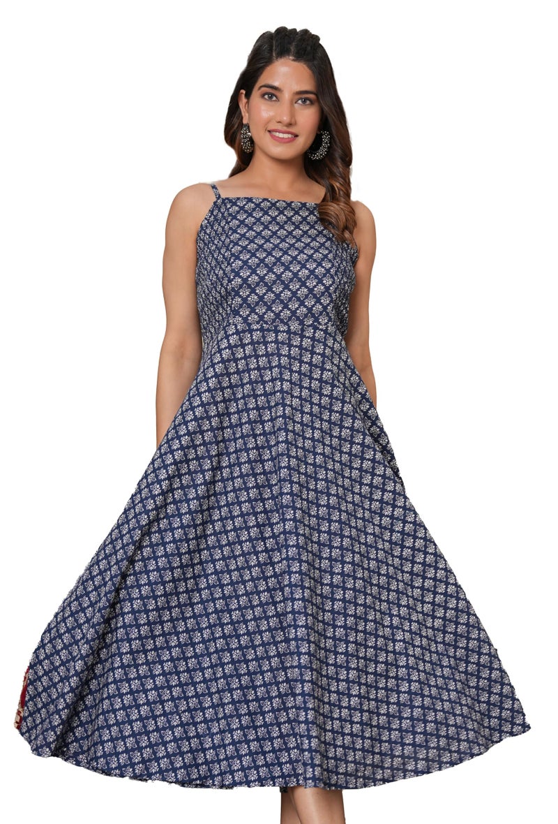 Yash Gallery Women’s Sleeveless Cotton Printed Fit & Flare Midi Dress in Navy Blue | Comfortable Summer Dress with Adjustable Straps, Flared Hem & Soft Breathable Fabric | Casual Outings,Vacations - Image 1