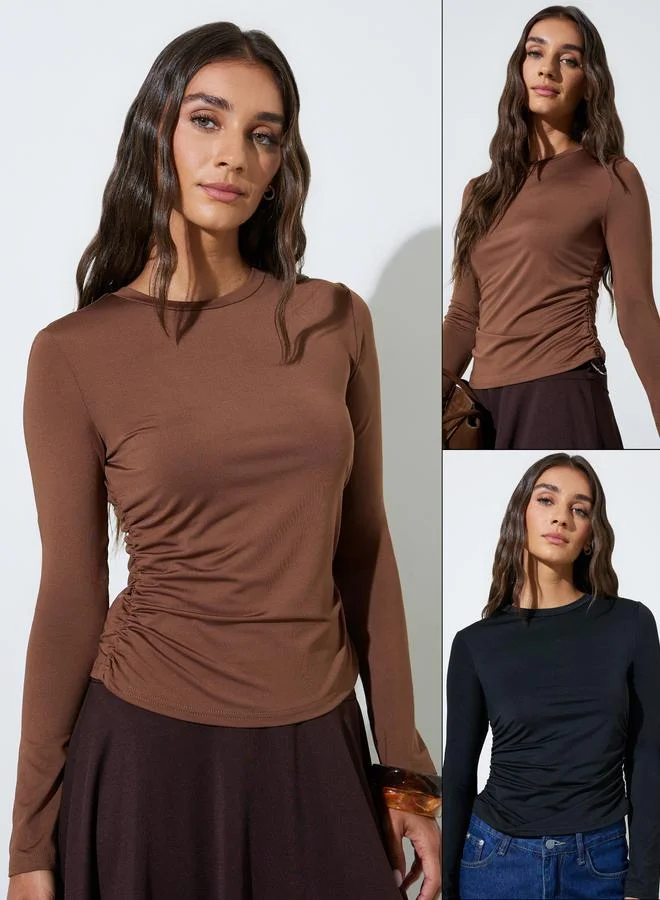Styli Pack of 2 - Long Sleeves Round Neck Ruched Fitted Knit Top